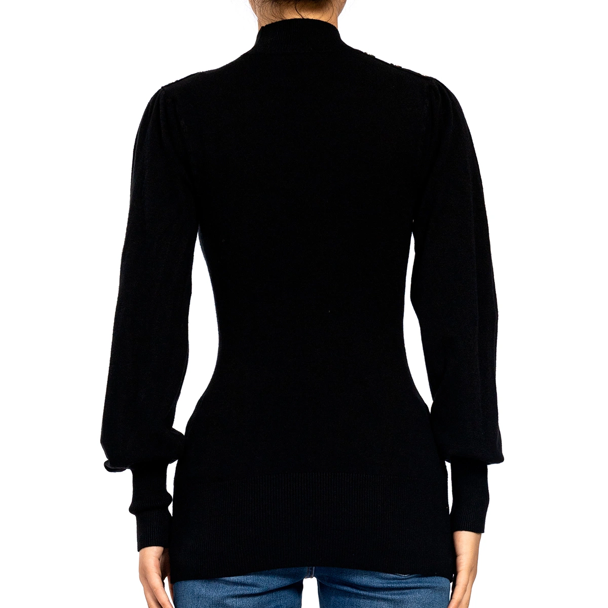 Black Slim Long Sleeve MID Tall Ribbed Fall Sweater for Women