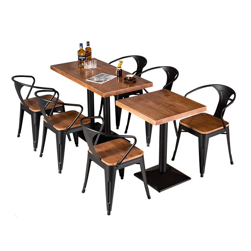 Modern Wood Cafe Restaurant Fast Food Bar Dining Furniture Industrial Style Iron Stackable Vintage Bistro Tables and Chairs Sets