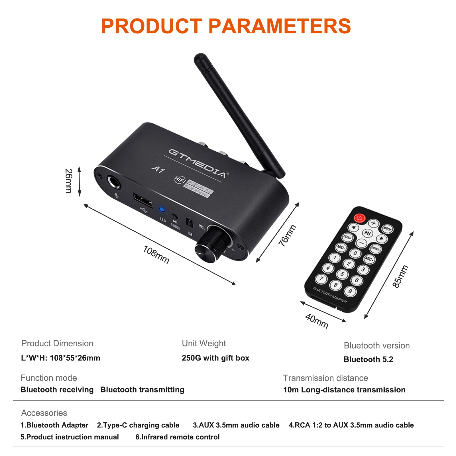 Convertisseur Gtmedia A1 récepteur audio Bluetooth 5.2 coaxial vers R/L. Adaptateur aux 3,5 mm compatible avec la plupart des smartphones