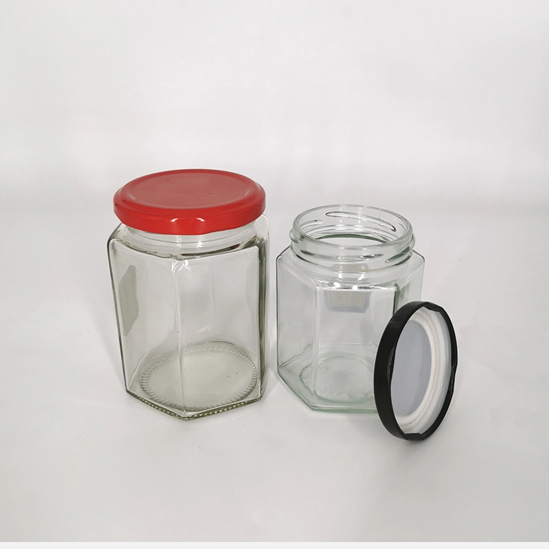 Six Edge Food Storage Glass Honey Pickles Jar with Black Lid