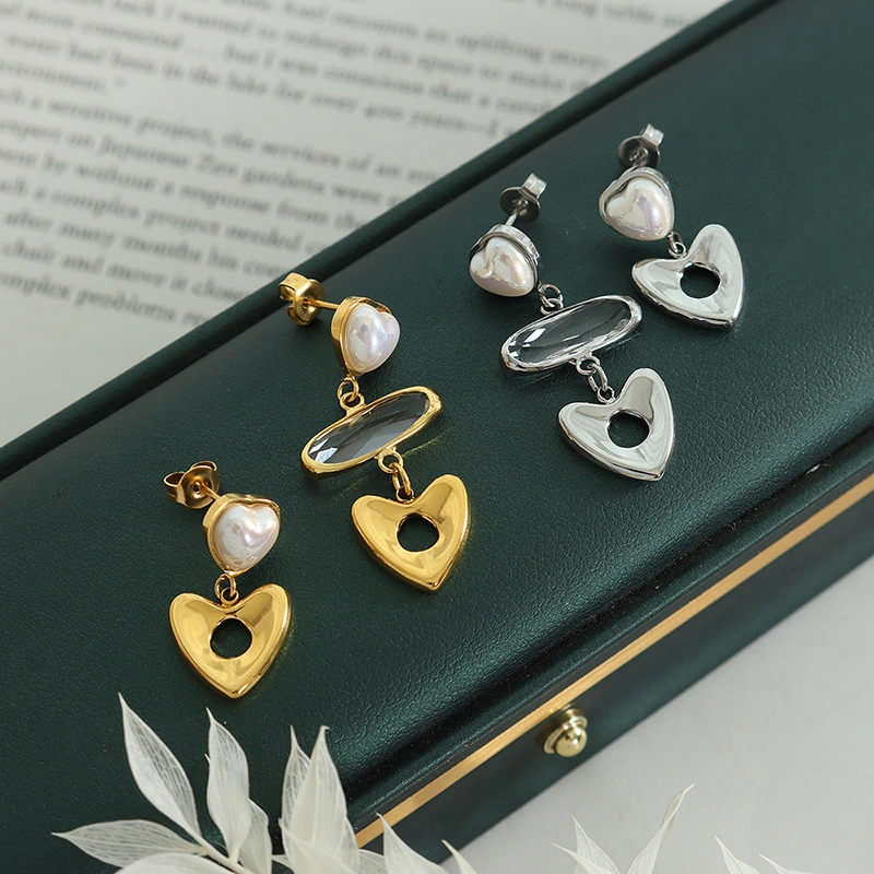 Stainless Steel Gold Plated Asymmetric Heart Hollow Imitation Pearl Asymmetric Inlaid Glass Stone Stud Earrings Jewelry