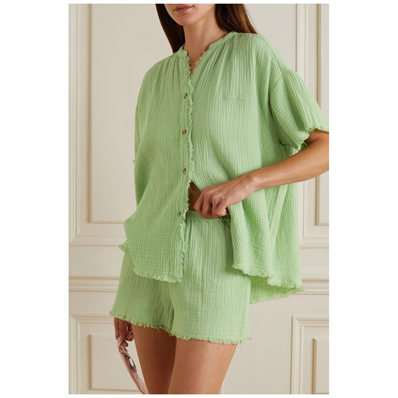 El verano de la mujer Blusa pantalones cortos de ocio verde Traje dos piezas mangas cortas para las niñas monas Salón conjunto de ropa de algodón de desgaste de las mujeres dormir