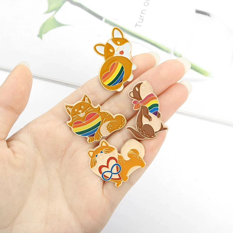 Custom Cat Drawing Rainbow Heart Animals Enamel Pin Rabbit Corgi Squirrel Brooches Bag Cute Lapel Pin Badge