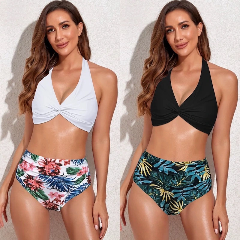 New Cute Plunge V Neck Athletic Bikini Sets for Swimming Twisted Front Top with Ruched Floral Bottom Retro Two Piece Swimsuit Tummy Control Beach Outfits