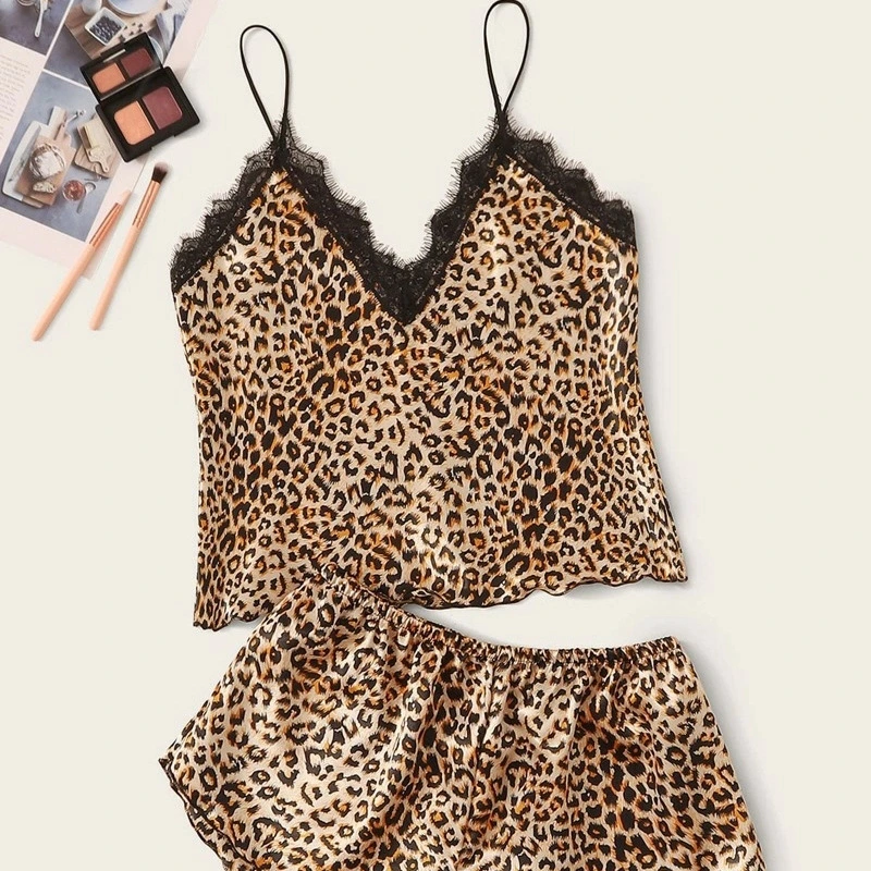 Sexy Leopard Print Sling Solid Color Suit Pajamas