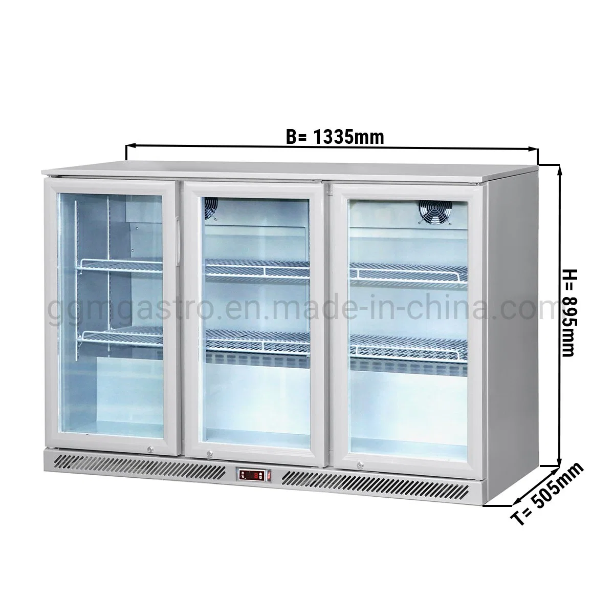 Nuevo diseño de la barra de refrigerador comercial Contador - 1,33 m - 320 litros con 3 puertas de vidrio y 2 estantes - Gris