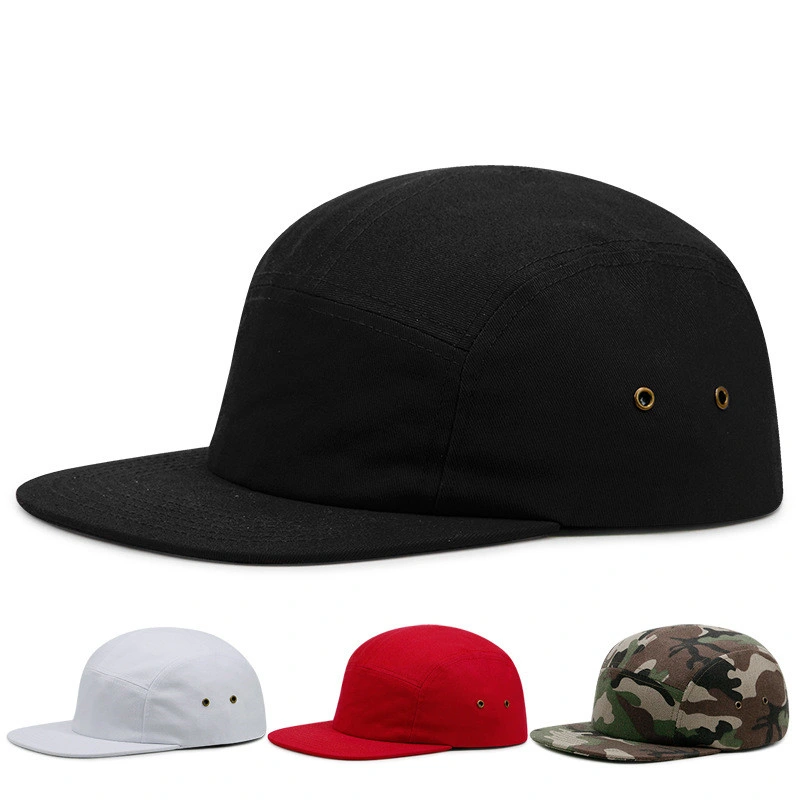 Custom Fashion Casual Solid Color Cotton Flat Brim 5 Panel Adjustable Blank Sports Camping Cap Plain Hat with Nylon Buckle