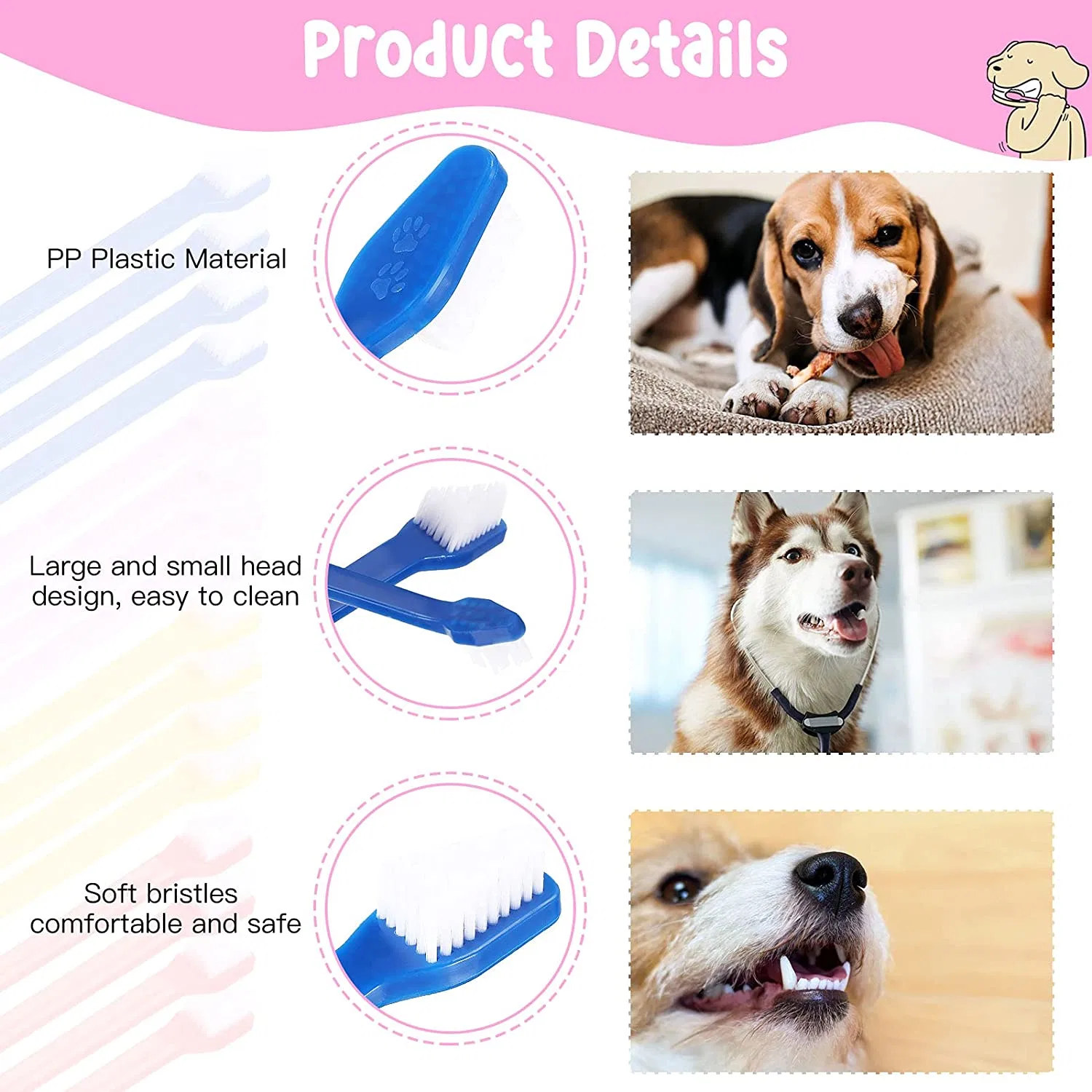 Double Headed Dog Cat Toothbrush Long Handle Pet Toothbrushes Dual Ended Dog Toothbrush Soft Bristles Dog Teeth Cleaning Toothbrush for Pet Dog Puppy