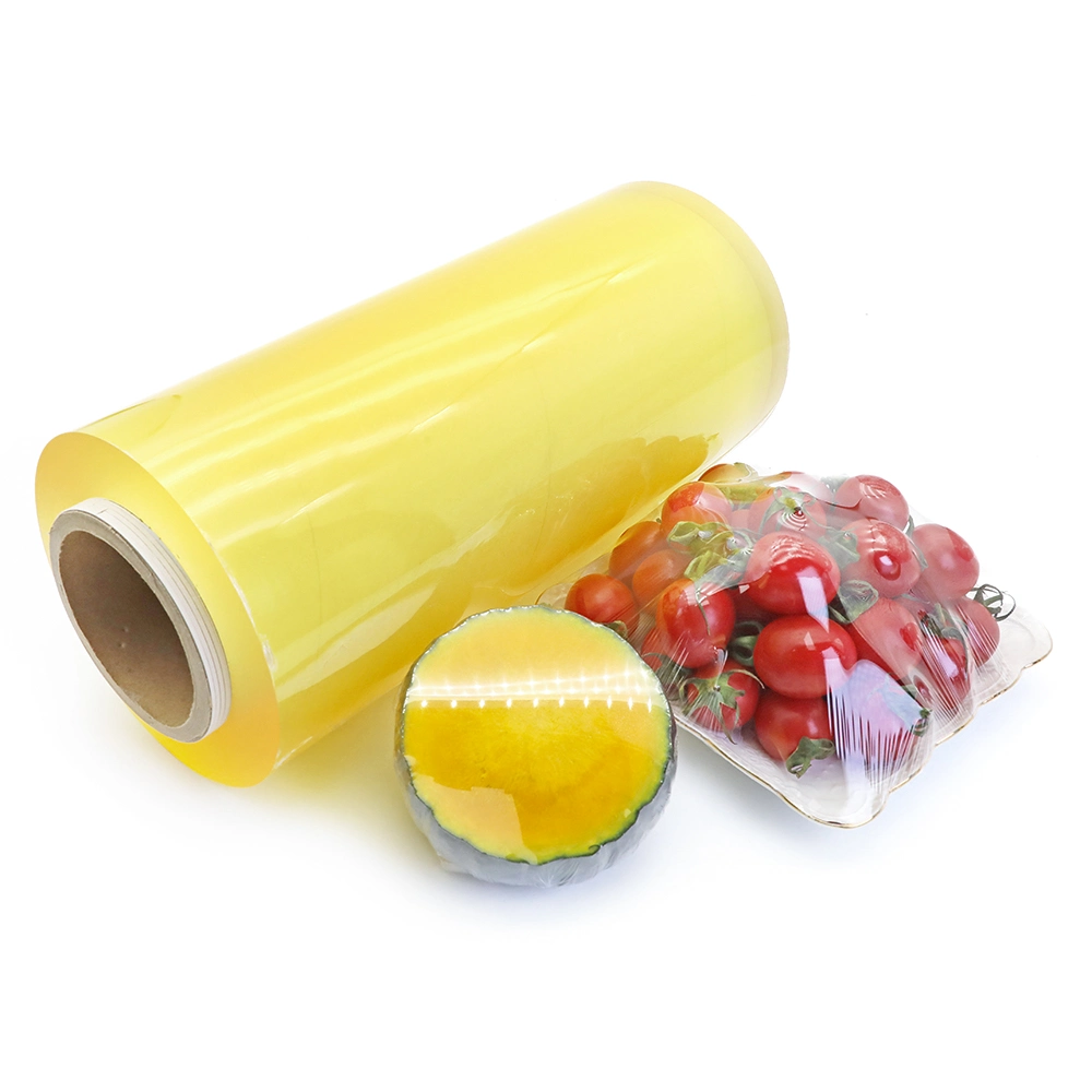 Lebensmitteltauglicher PVC Lebensmittelfolie hochelastischer transparenter Frischhaltefolie Klare Wasserdichte Kunststoff Verpackung Material Verpackung Film Stretch Film Jumbo Rolle für Lebensmittelverpackungen