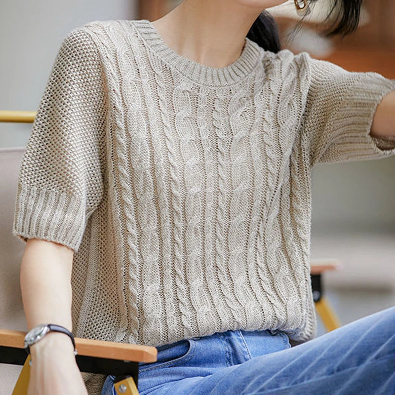 Temperament Knitted Shirt Women's Short Sleeve T-Shirt 2023 Summer Clothes Retro Twist Hollowed out Casual Age-Reducing Slimming Ice Silk Top