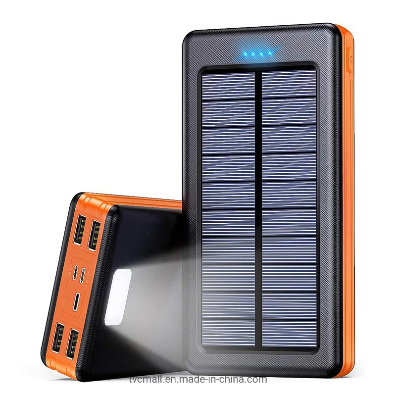 Fonte de alimentação solar de 10000mAh 4 saídas e 3 entradas externas Bateria com luz LED de campismo - Laranja