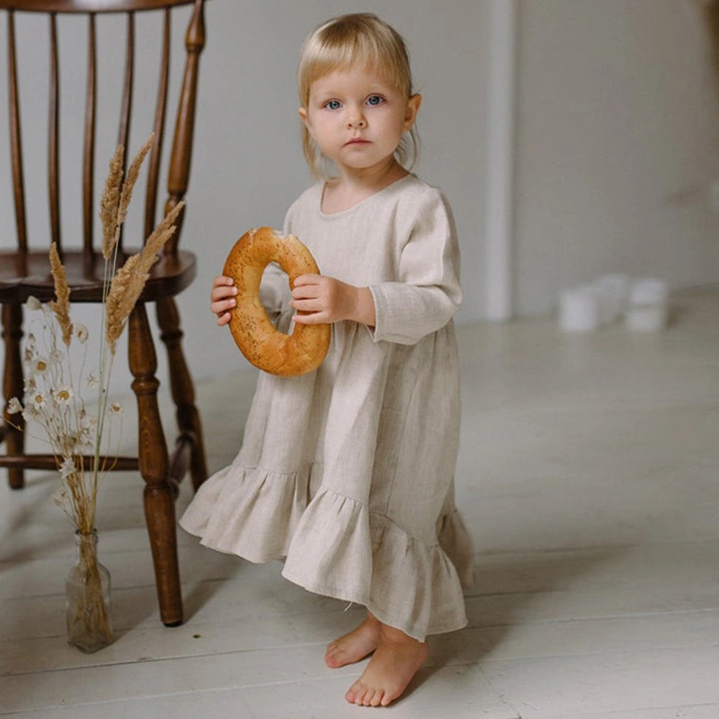 Heiße Verkaufende Kinder Herbst Frühling Tragen Gesmockte Langärmelige Babykleidung Baumwolle Leinen Kleid Baby Mädchen Kleid