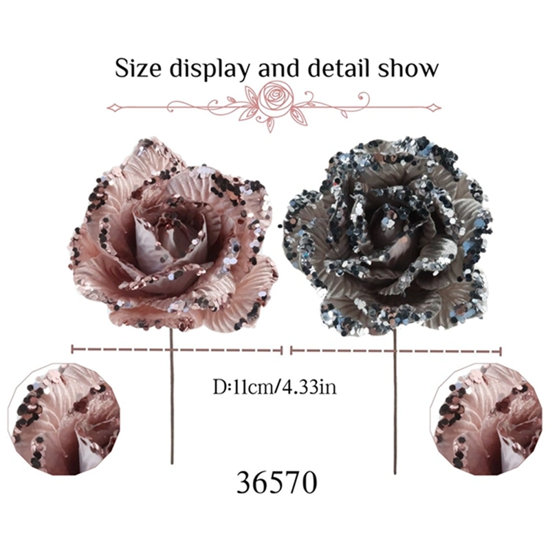 Home Decorations Craft Supplies Sequin Pink Glitter Rose Stem Christmas Artificial Flower