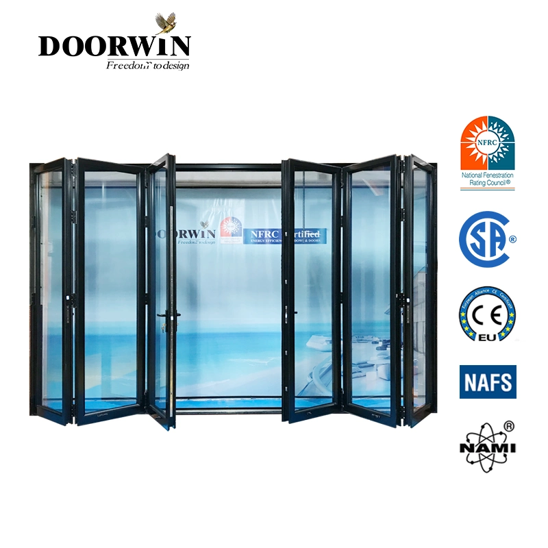 Doorwin Nfrc Nafs Standard américain Moderne Quincaillerie allemande Portes d'entrée personnalisées Portes d'entrée coupe-tempête en aluminium à rupture de pont thermique Portes pliantes commerciales en aluminium métallique.