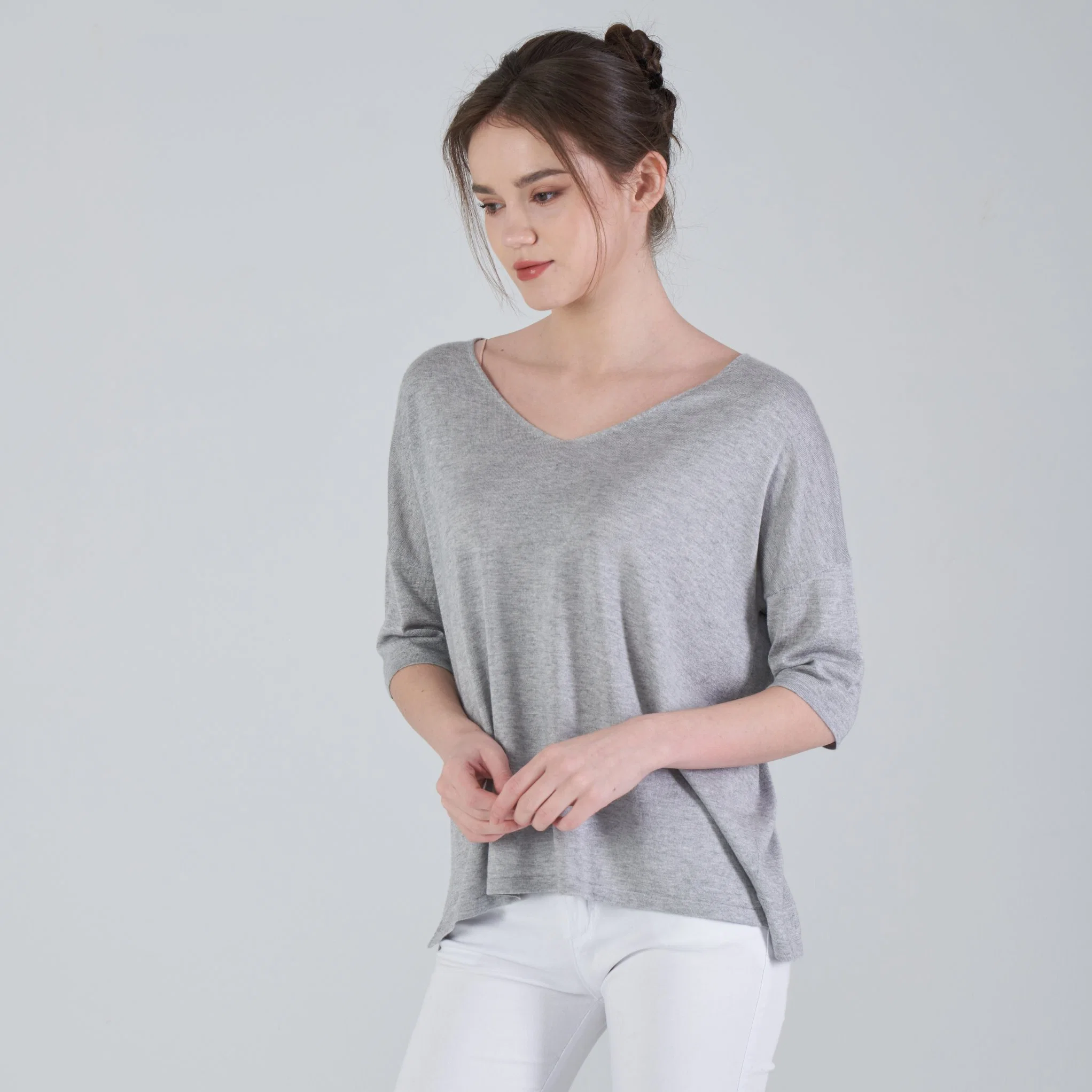 Wholesale/Supplier Women Leisure Fashion Autumn Winter Loose Fit V Neck Silk Cashmere Blends Pullover Sweater