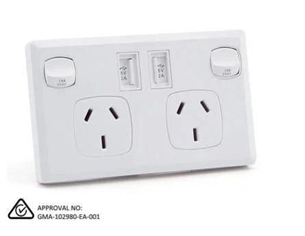 SAA Wall Plug Socket with Panel Has Switch, Dual AC Outlets and 2 USB Ports, Using Home, Office, Hotel, Office. White, Sliver, Black