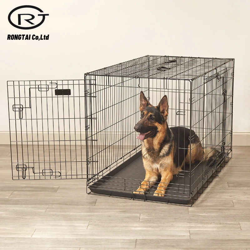 Caja de crate de perro de mascota de doble puerta con plegable de metal negro Jaula