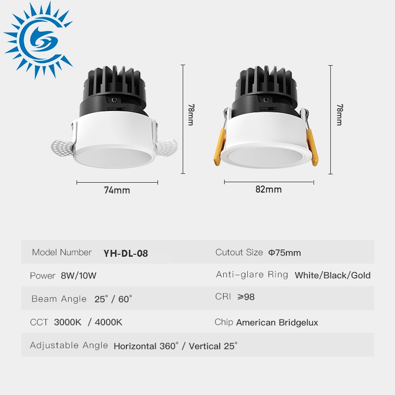 Embedded Anti-Glare LED Downlight 8W 10W 15W Color Temperaturecob LED 3000K