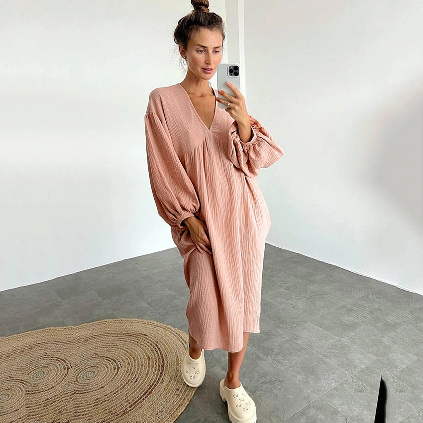 Long Sleeve Muslin Cotton Morning Gown Women Dress Sleepwear