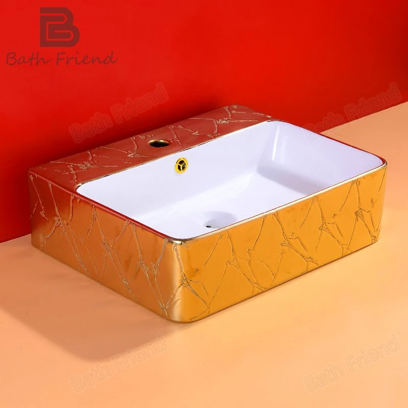 Gold Plating branco rectangular vaso de cerâmica Dissipador Lavatório Tampo com furo de torneira para a bacia em sua bancada