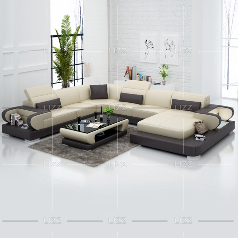 Black U Shaped Sofa Modern Living Room Sofa Leather Home Furniture Sofa with LED Light