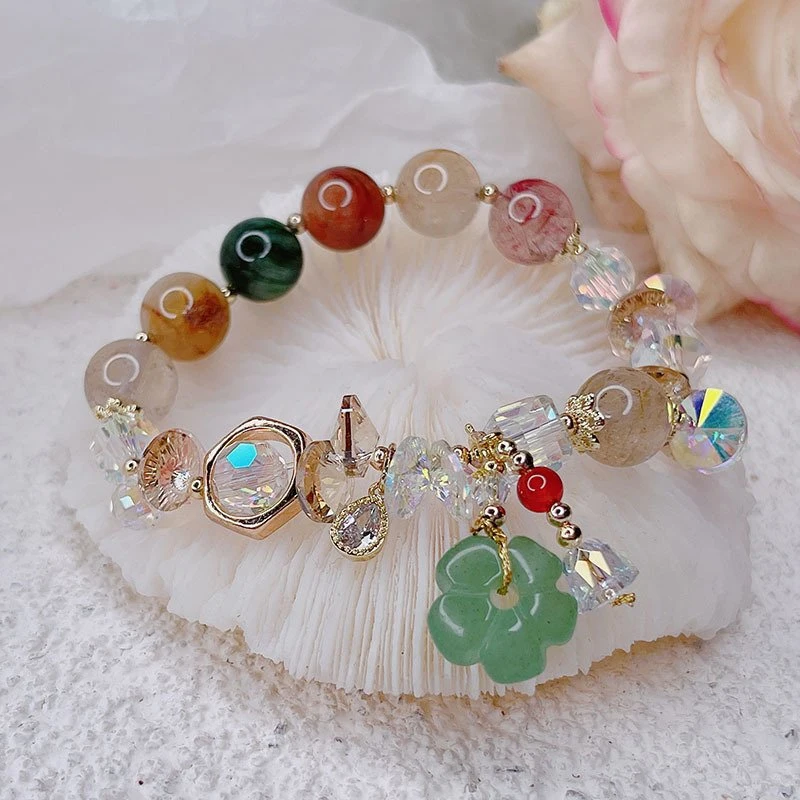 Ethnische Grüne Blume Anhänger Freundschaft Perlen Armbänder Modeschmuck Mehrfarbig Rutilated Quarz Crystal Armband für Frauen