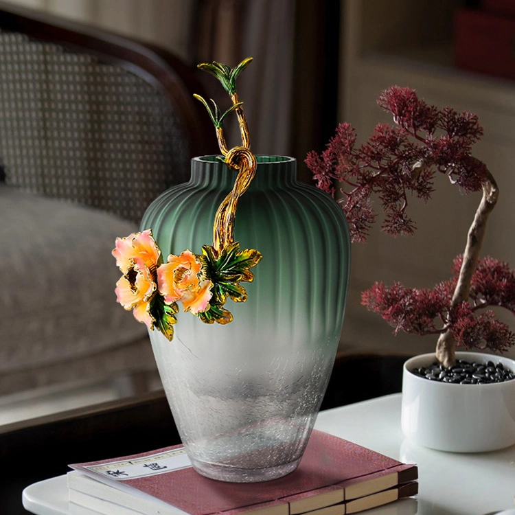 Luxury Antique Chinese Farmhouse Enamel Decor Flower Pot 2022 Crack Green Glass Vase