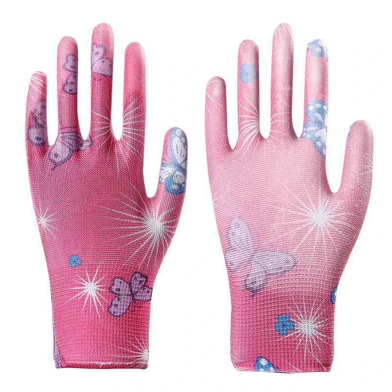 13 Gauge Polyester Flower Liner with PU Coated Working Gloves China Wholesale