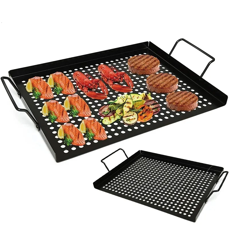 Herramientas para barbacoa Grill Cesta Metal exterior Camping Barbacoa Grilling Tray Cacerolas antiadherentes Parrilla Topper con agujeros