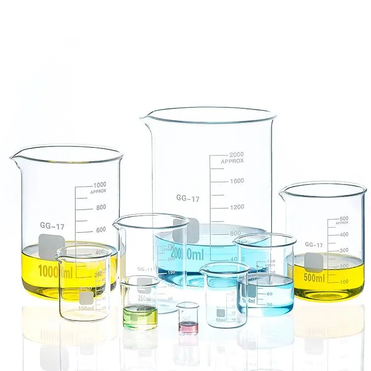 Laboratoire Chimie Bécher en verre borosilicaté 3.3 de forme haute de 250 ml, 500 ml, 1000 ml et 2000 ml.