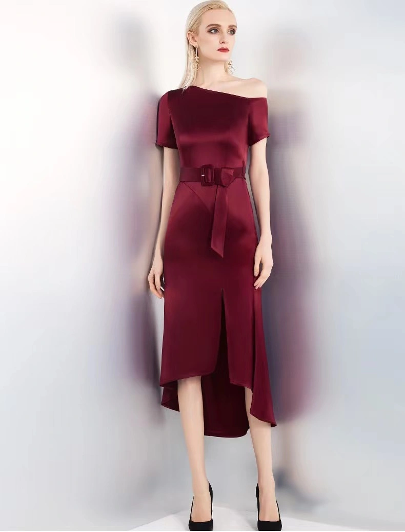 High quality/High cost performance Satin Sexy Woman Luxure Wine One- Shoulder Irregular Fashion Ladies Dress with Belt