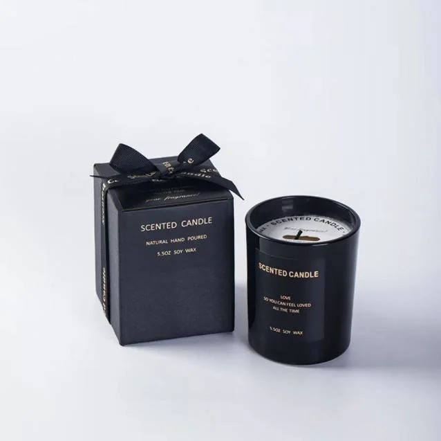 Hot Sale Healing The Mood Yoga SPA Black Classic Glass Jar Scented Candle in Gift Box with Hot Stamp Sticker Butterfly Ribbon