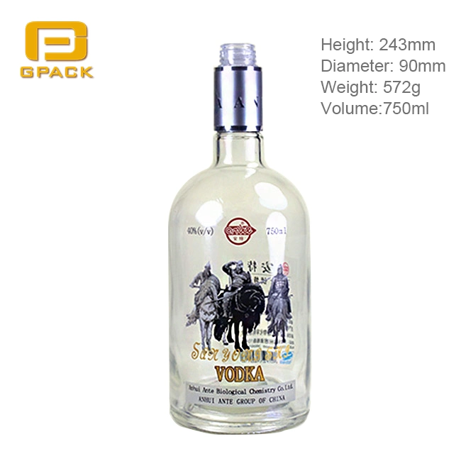 Vacío 750 ml Classic forma redonda de espíritu Frasco de vidrio con tapa de plástico del patrón de la etiqueta la etiqueta de Vino Whisky Vodka Ron Antiguo fábrica de botellas de vidrio