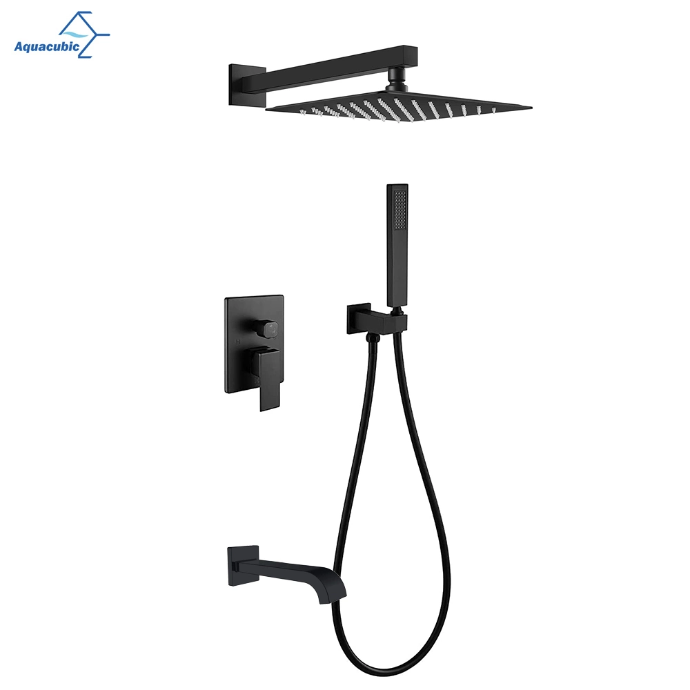 12 Inch Black Shower System Faucet Waterfall Tub Complete with Matte Spout Set Square Luxury Rain Mixer Pressure Balancing 3-Function Wall Mount Rainfall Rough