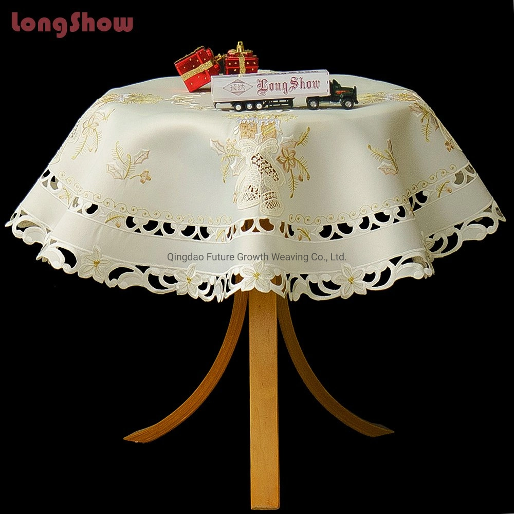 Round Gold Luxury Satin Fabric Christmas Table Cloth/Xmas Cutwork Embroidered Table Topper