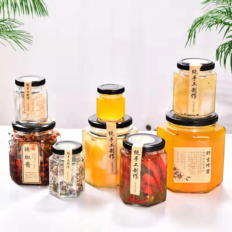 180ml Clear Hexagon Bee Honey Jar Jam Jar Empty Hot Sauce Canning Food Storage Container Glass Bottle with Screw Tinplate Lids