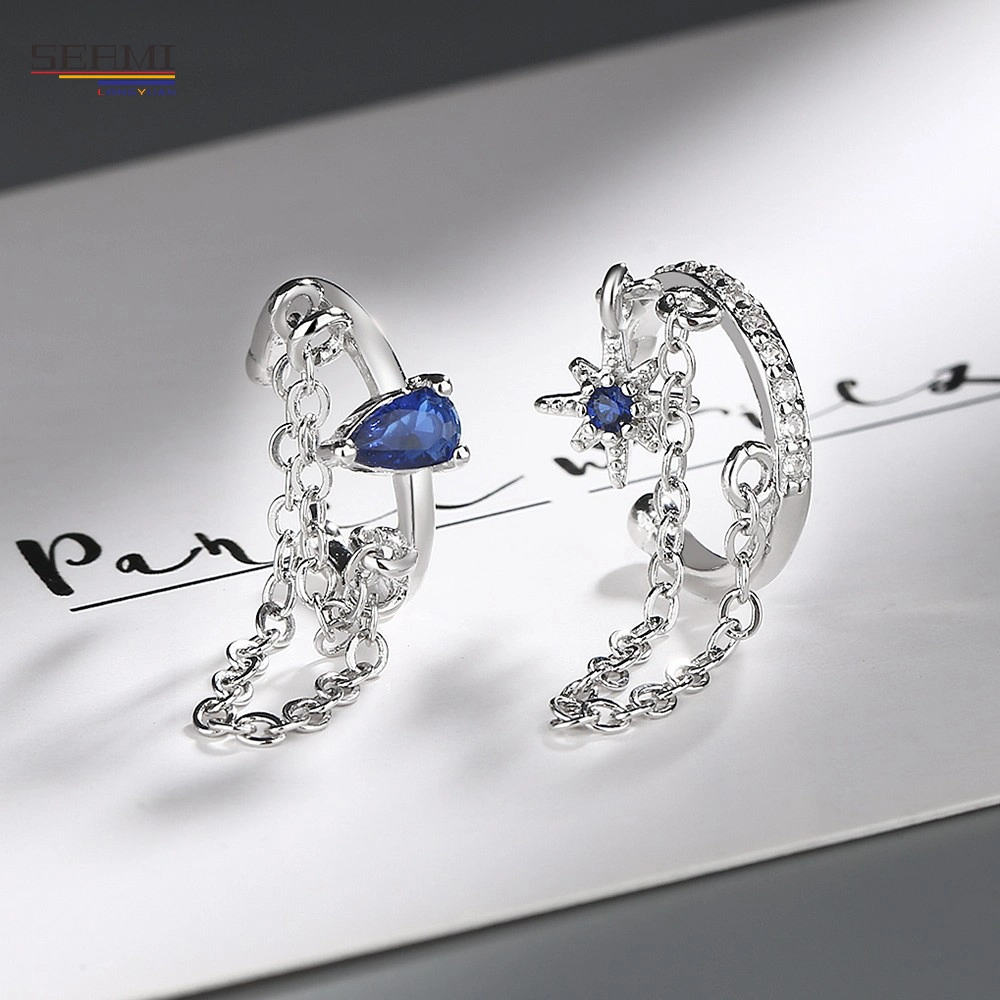 Fashion Silver Earring Double Layer Chain Blue Water Drop Rice Word Zircon Earrings