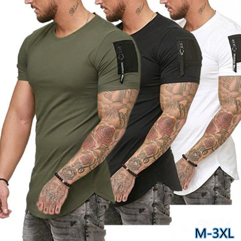 Men's Plus Size hombro Nuevo Diseño de bolsillo de cremallera de la personalidad de manga corta cuello redondo Camiseta Deportes
