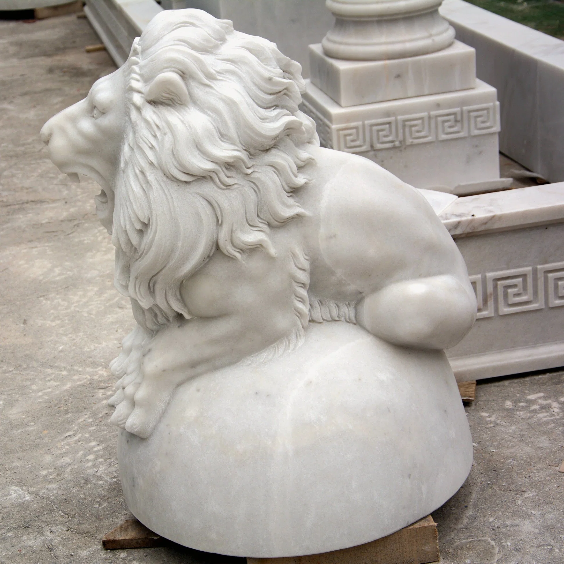 Custom Made White Marble Lion Resting on a Half Ball