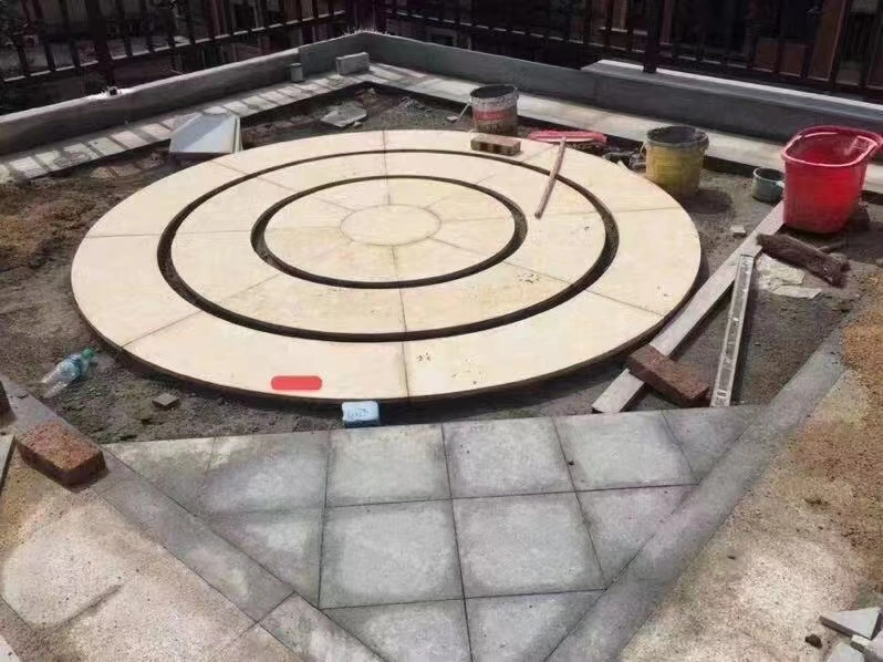 Travertine Paver Beige Round Circular Patio Tile on Pavement