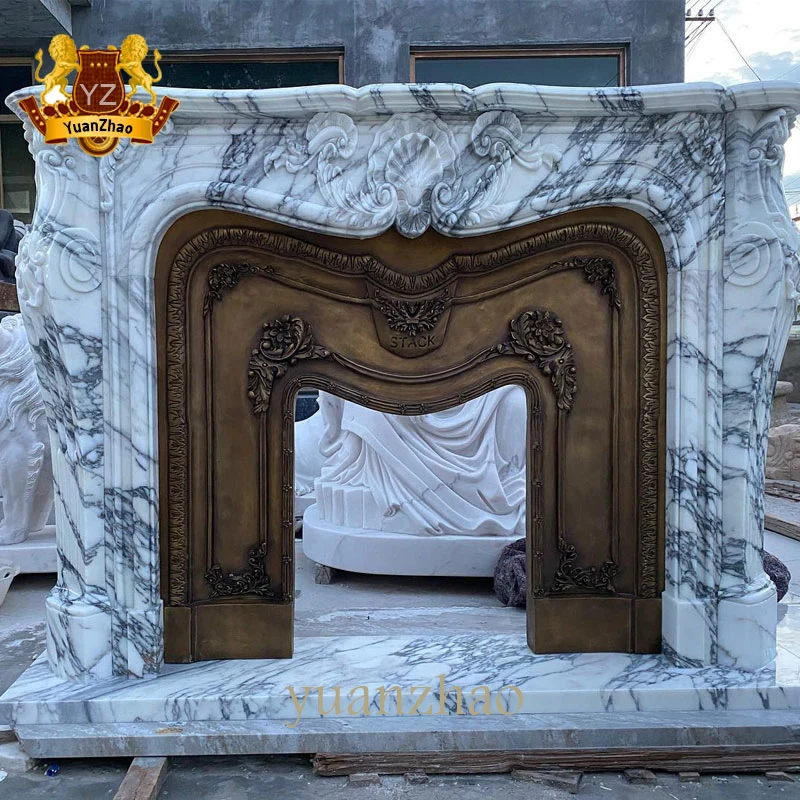 Home Decoration French Style Hand Carving Natural Solid Marble Fireplace Mantel