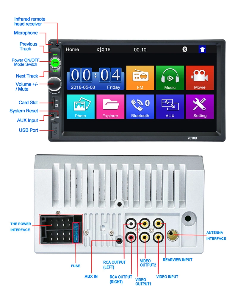 7 Pulgadas Wince 2 DIN Universal alquiler de vídeo 7 de la luz de color de pantalla HD Stereo Estéreo para coche MP5 Reproductor Multimedia Audio Video