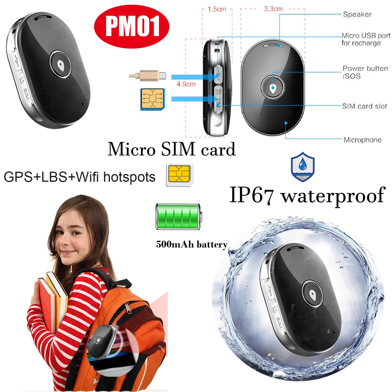 Hot Sell 2G GSM Waterproof Personal safety Tiny GPS Tracking Device with SOS Button for emergency help PM01