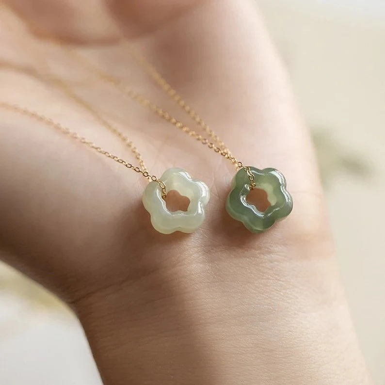 925 Sterling Silver Dainty Natural Hetian Floral Jade Charm Necklace