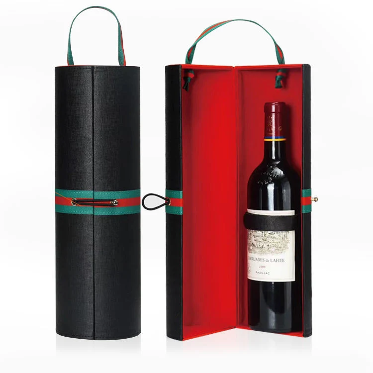 Black Portable Wine Case PU Leather Cylinder Wine Box 1 Bottle Carrying Case for Packing Wine Bottle