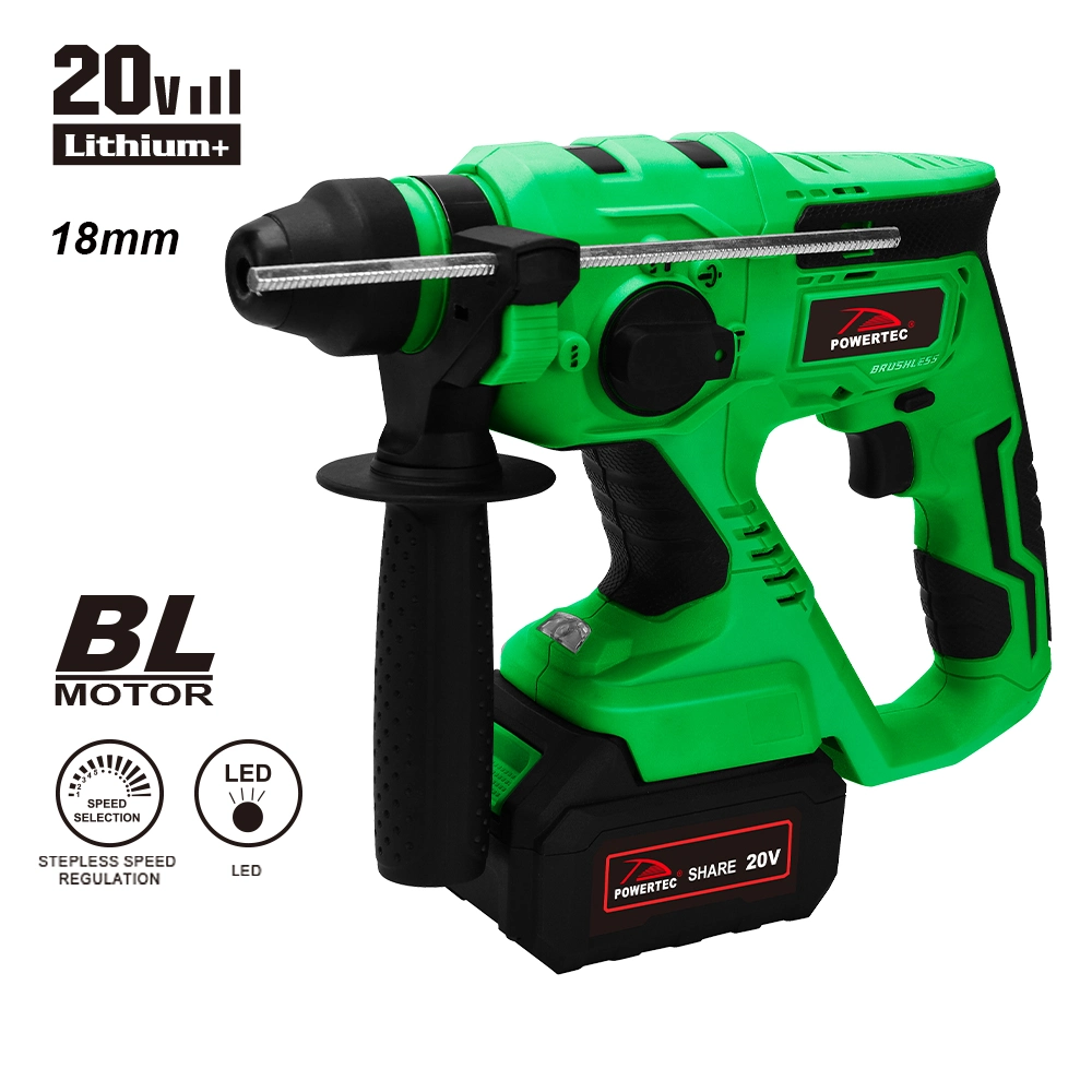 Powertec 20V Li-ion Cordless Brushless Rotary Hammer Electric Power Drill Machine