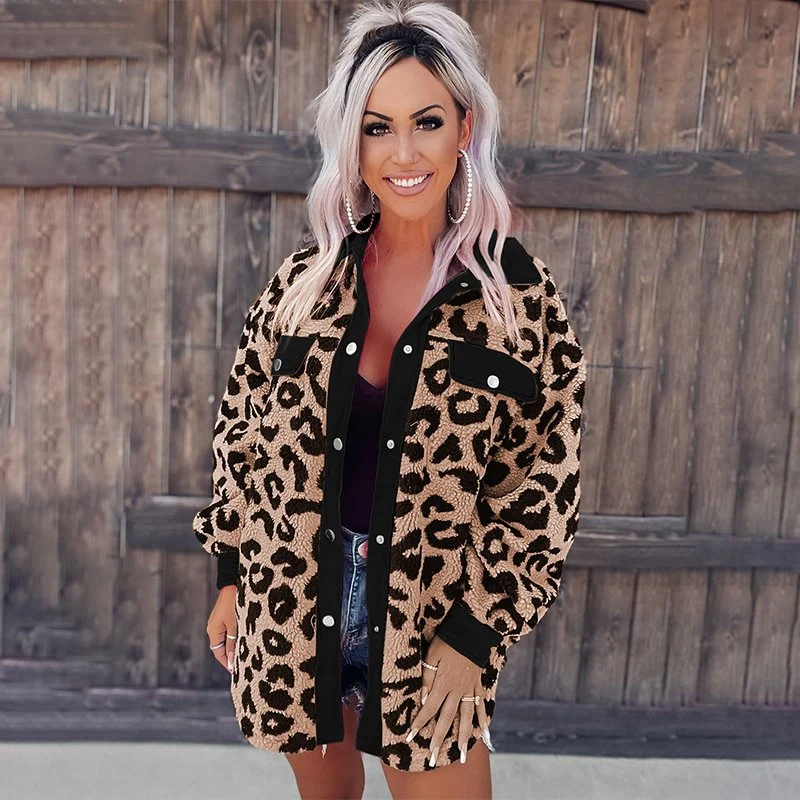 Neon Pink Contrast Trimmed Leopard Teddy Shackets Flannel Women Long Sleeve Shacket Jacket Coat Shacket