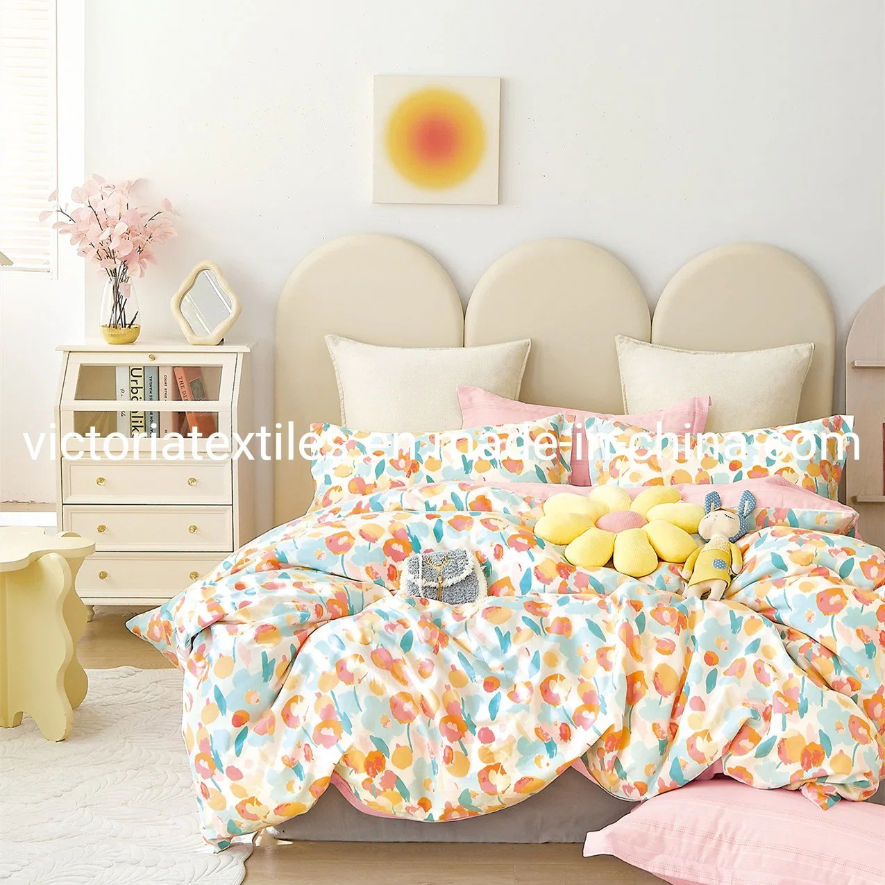 Spring Flower Printed Cotton Bedding Blanket Cover Set, 4PCS Bed Cover Set