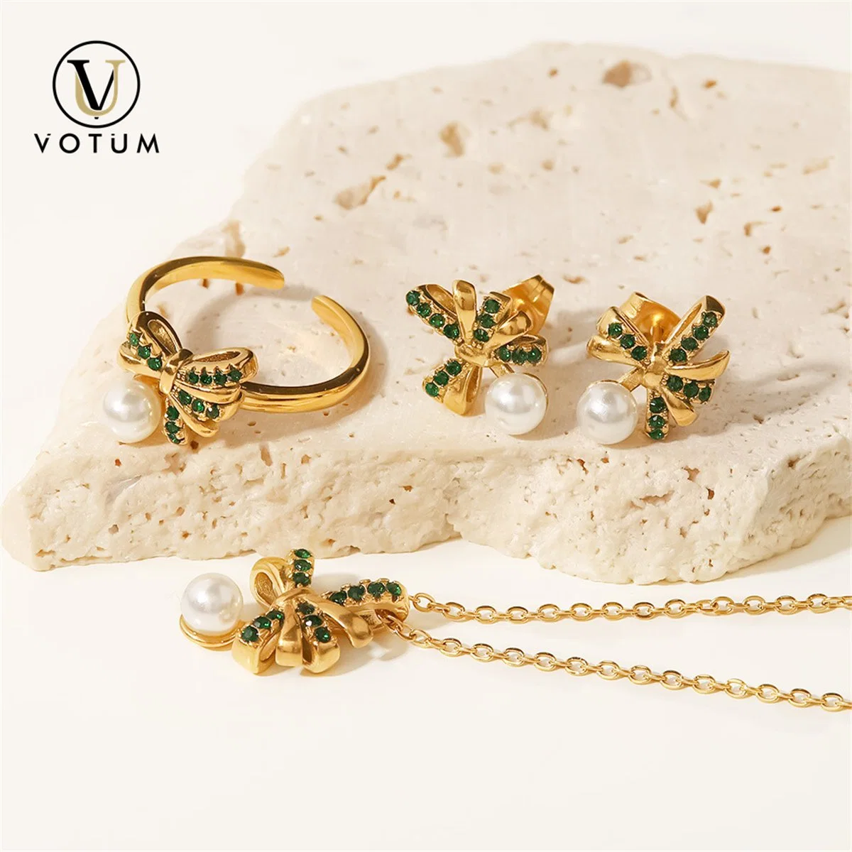 Votum Factory OEM 14K Gold Fashion Bowknot Pearl Necklace Earring Ring Set Freshwater Pearls Handmade Women Accessories Customize Jewelry
