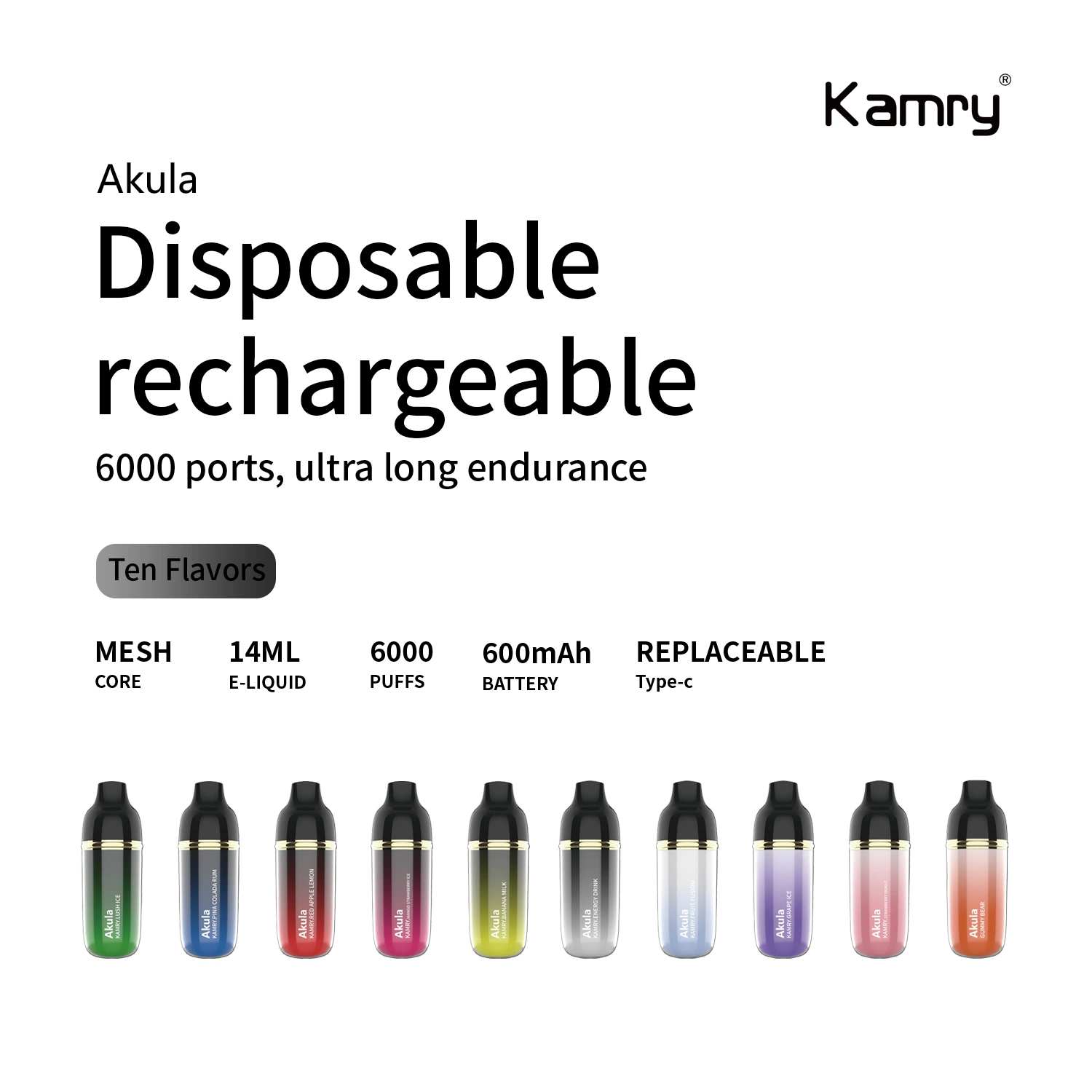 Kamry Akula Atacado OEM ODM Electronic Chacendedor de cigarros em linha melhor Recarga de fábrica de óleo de 12 ml 10 sabores 2% 3% 5% NIC Sal 6000puff